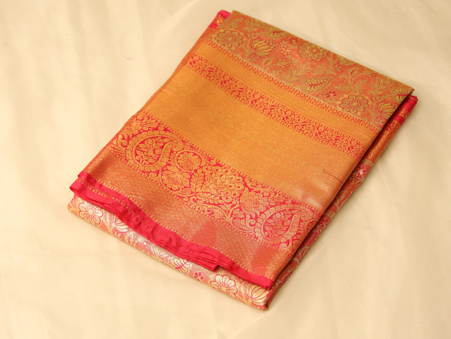 Burnt Saffron Dharmavaram Inspired Semi Silk Saree with Narrow Narrow Contrast Border