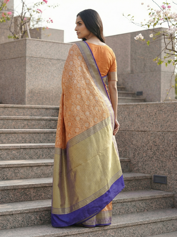 Burnt Orange Dharmavaram Inspired Semi Silk Saree with Medium Medium Contrast Border