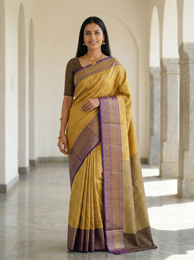 Mustard Yellow Kanchipuram Inspired Semi Silk Saree with Wide Wide Contrast Border