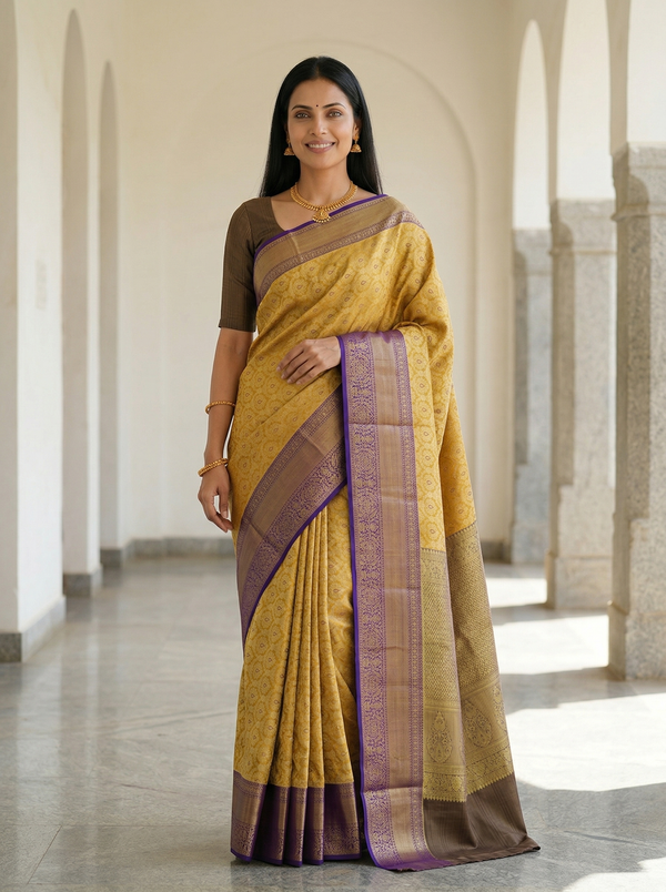 Mustard Yellow Kanchipuram Inspired Semi Silk Saree with Wide Wide Contrast Border