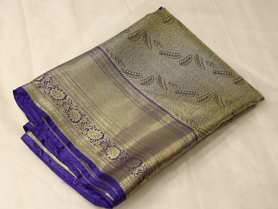 Antique Olive Kanchipuram Inspired Semi Silk Saree with Medium Medium Contrast Border