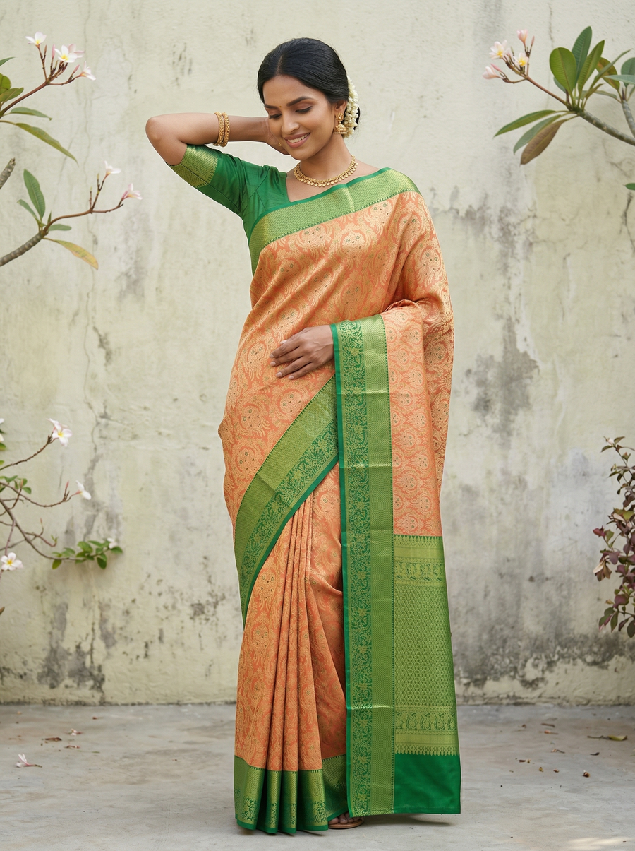 Peach Gold Kanchipuram Inspired Semi Silk Saree with Wide Wide Contrast Border