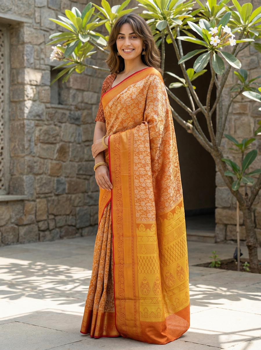 Burnt Orange Dharmavaram Inspired Semi Silk Saree with Wide Wide Contrast Border