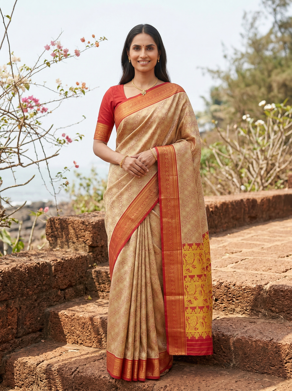 Golden Mustard Dharmavaram Inspired Semi Silk Saree with Wide Wide Contrast Border