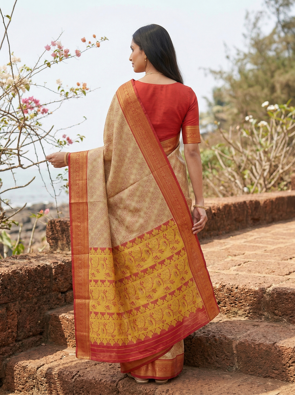 Golden Mustard Dharmavaram Inspired Semi Silk Saree with Wide Wide Contrast Border