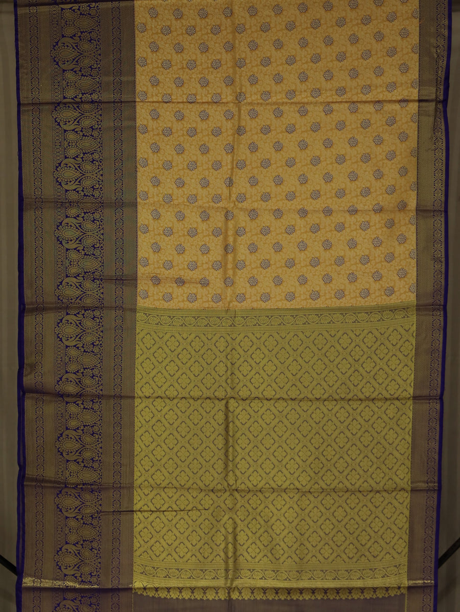 Mustard Gold Kanchipuram Inspired Semi Silk Saree with Medium Medium Contrast Border