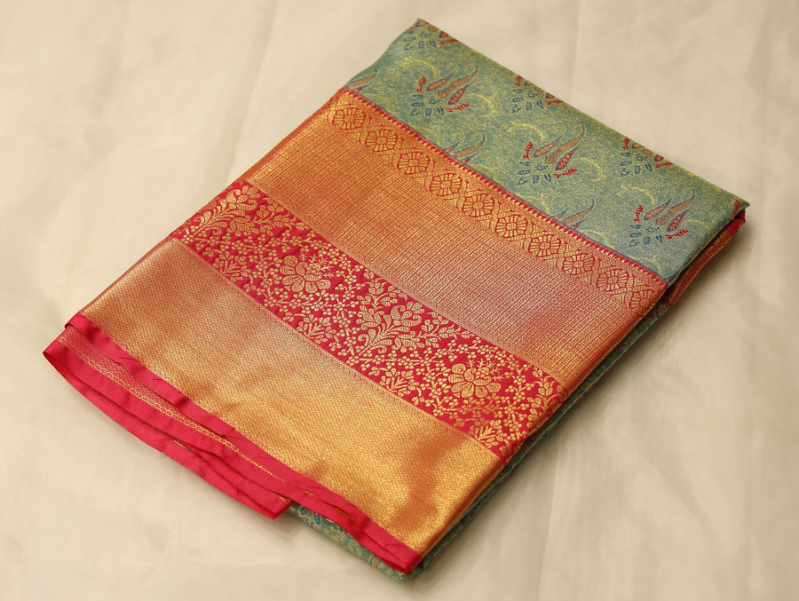 Sage Green Dharmavaram Inspired Semi Silk Saree with Medium Medium Contrast Border