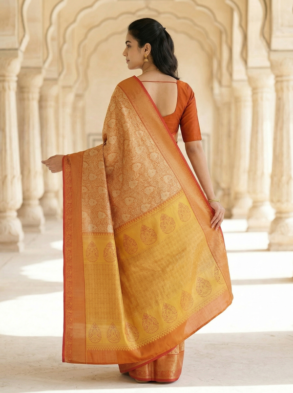 Burnt Orange Kanchipuram Inspired Semi Silk Saree with Medium Medium Contrast Border
