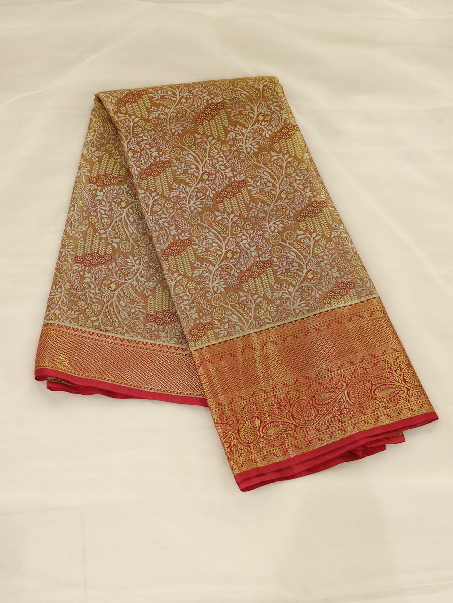 Saffron Gold Kanchipuram Inspired Semi Silk Saree with Wide Wide Contrast Border