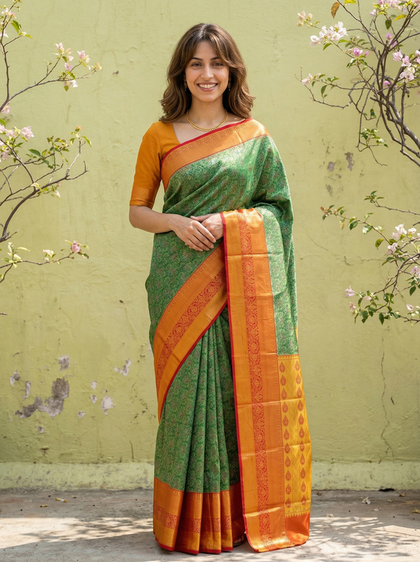 Olive Green Dharmavaram Inspired Semi Silk Saree with Wide Wide Contrast Border