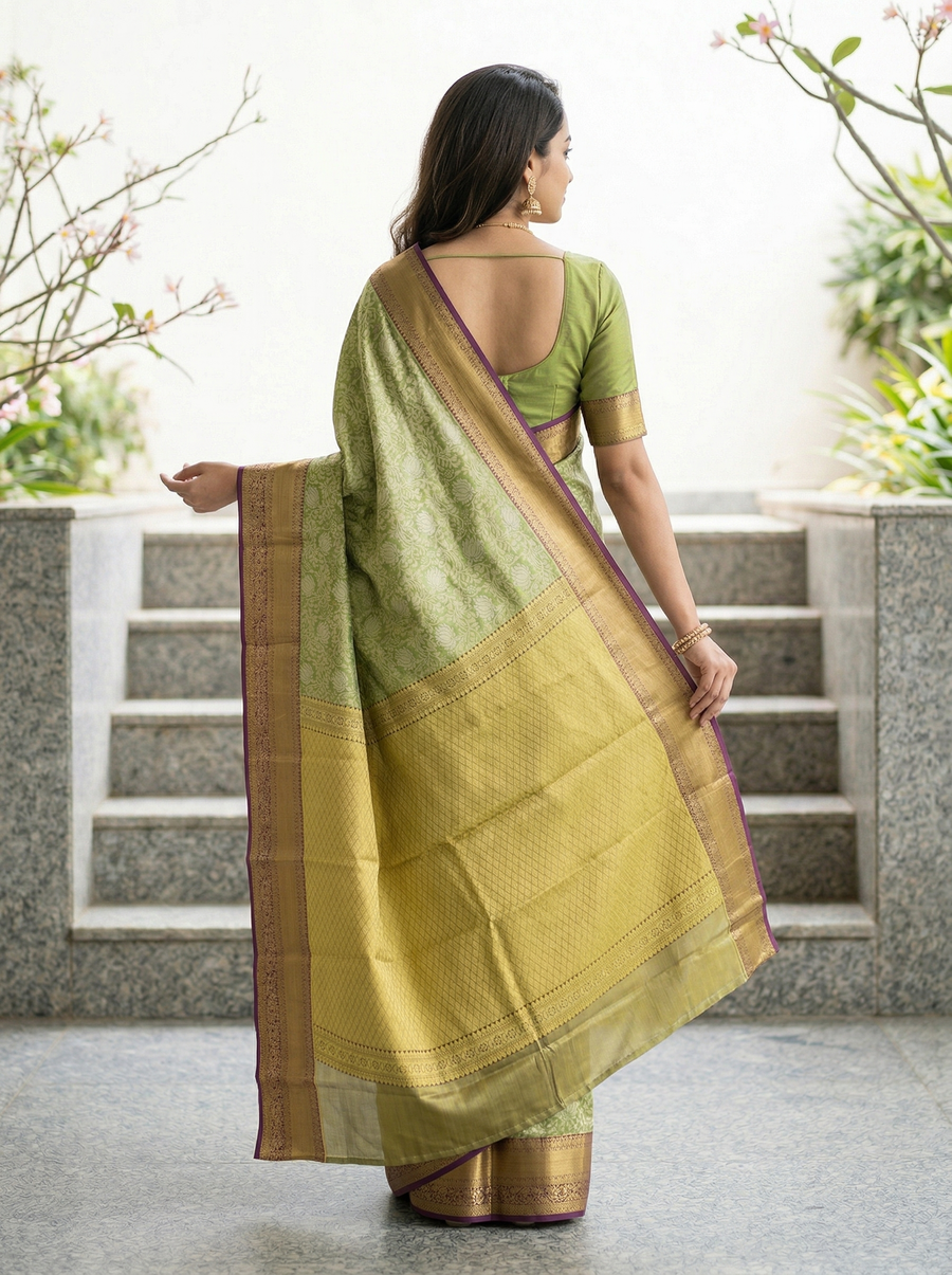 Olive Green Kanchipuram Inspired Semi Silk Saree with Wide Wide Contrast Border