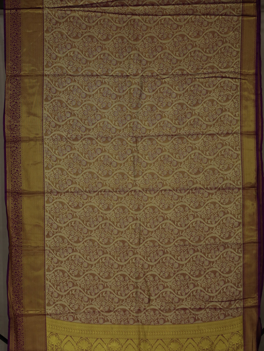Champagne Gold Kanchipuram Inspired Semi Silk Saree with Wide Wide Contrast Border