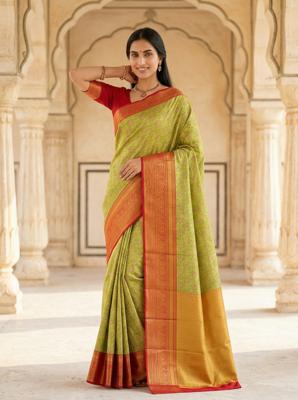 Sage Green Kanchipuram Inspired Semi Silk Saree with Wide Wide Contrast Border