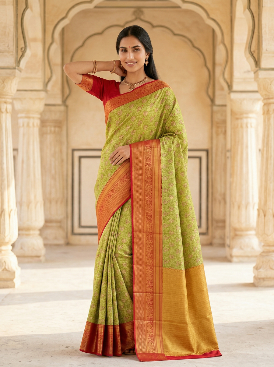 Sage Green Kanchipuram Inspired Semi Silk Saree with Wide Wide Contrast Border