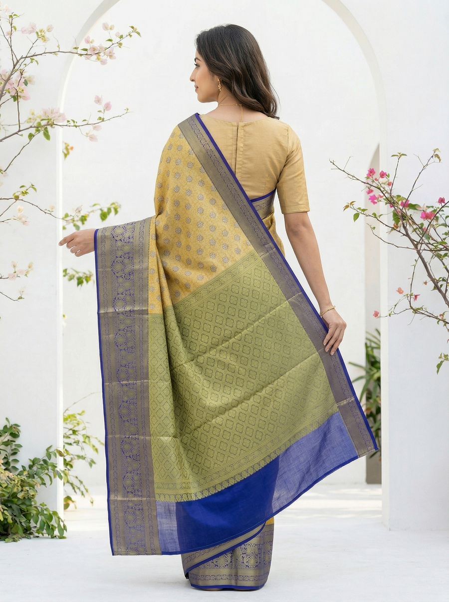 Mustard Gold Kanchipuram Inspired Semi Silk Saree with Medium Medium Contrast Border