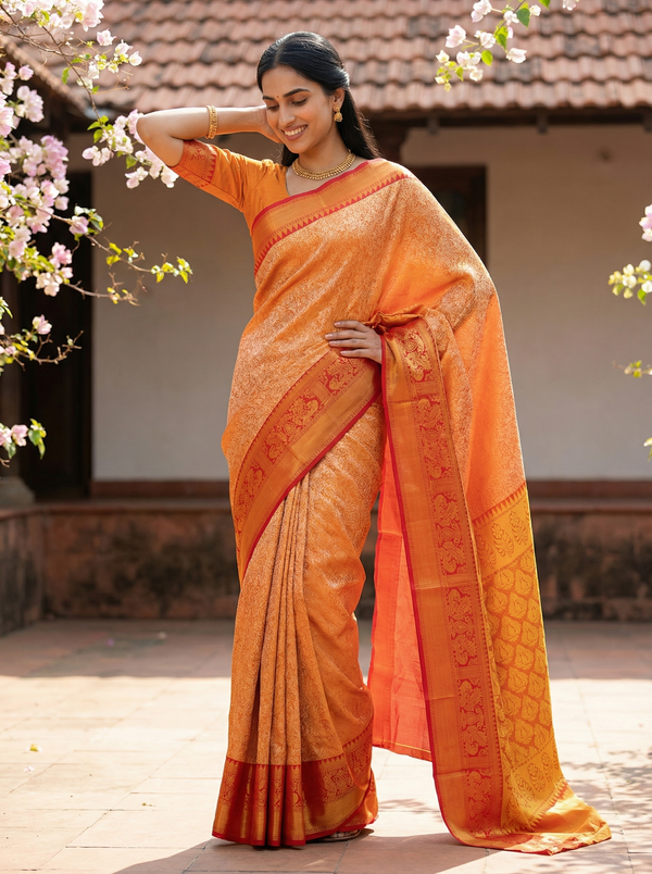 Sunset Orange Kanchipuram Inspired Semi Silk Saree with Medium Medium Contrast Border