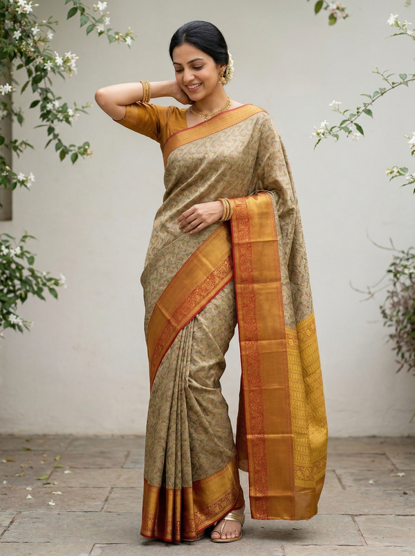 Champagne Gold Dharmavaram Inspired Semi Silk Saree with Wide Wide Contrast Border