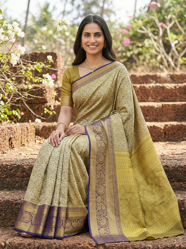 Champagne Gold Kanchipuram Inspired Semi Silk Saree with Wide Wide Contrast Border