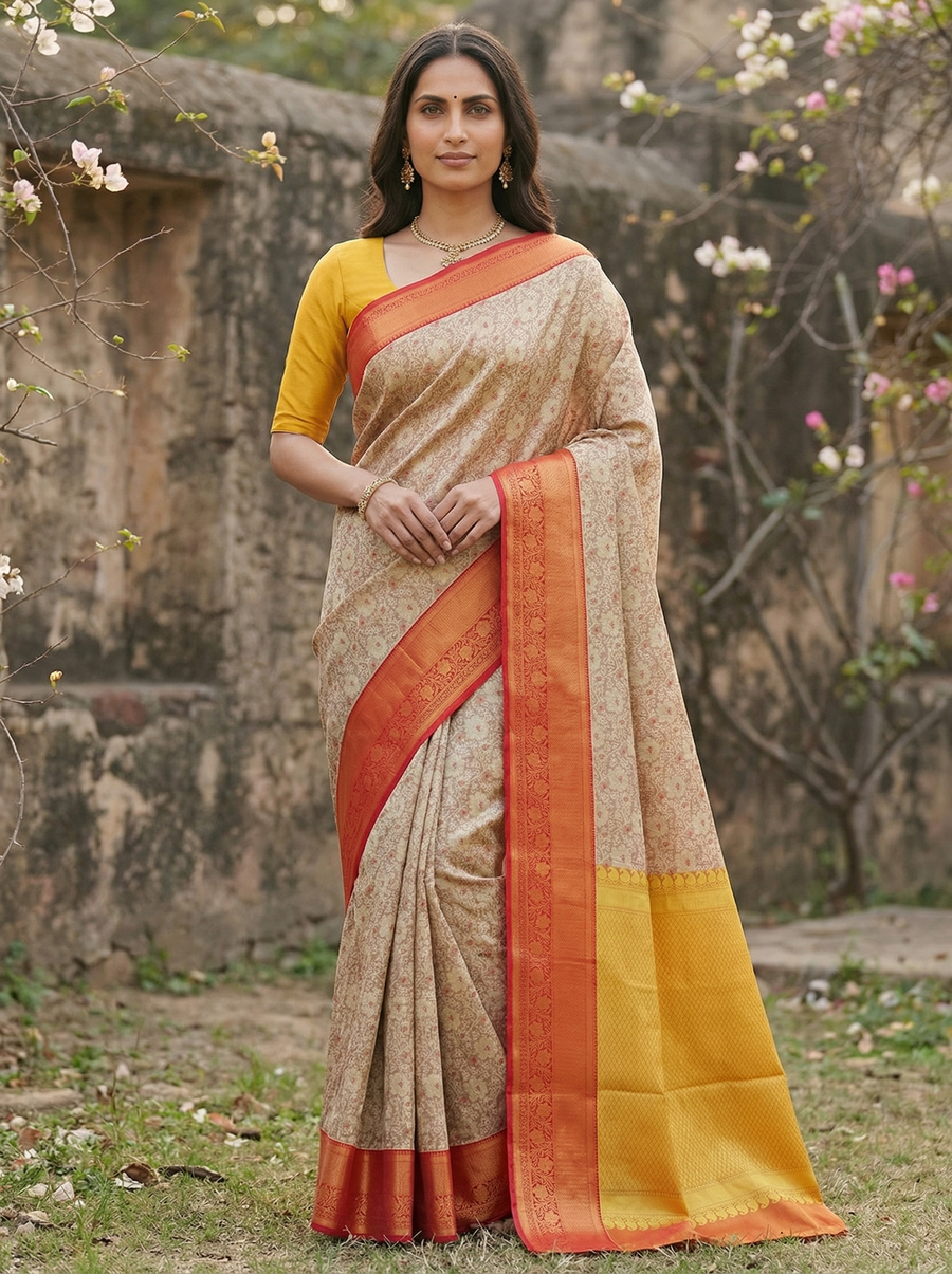 Champagne Gold Kanchipuram Inspired Semi Silk Saree with Wide Wide Contrast Border