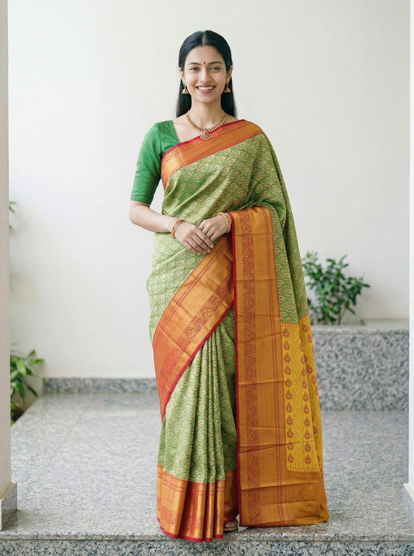 Lime Green Kanchipuram Inspired Semi Silk Saree with Medium Medium Contrast Border