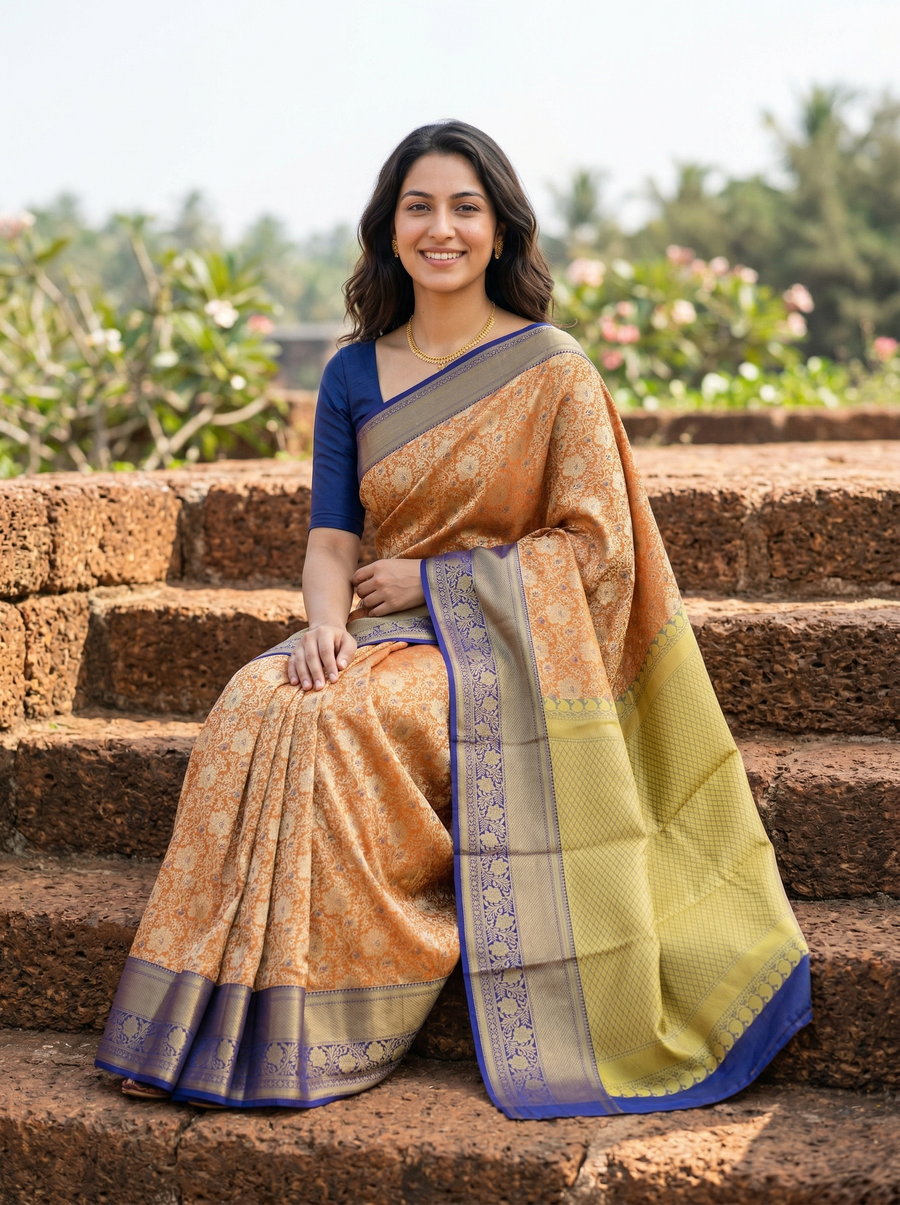 Antique Mustard Kanchipuram Inspired Semi Silk Saree with Medium Medium Contrast Border