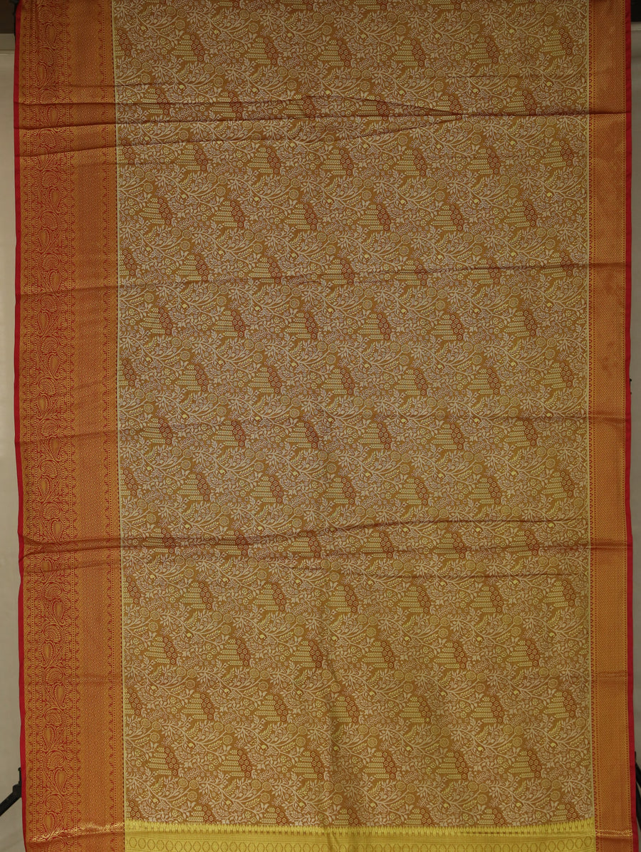 Saffron Gold Kanchipuram Inspired Semi Silk Saree with Wide Wide Contrast Border