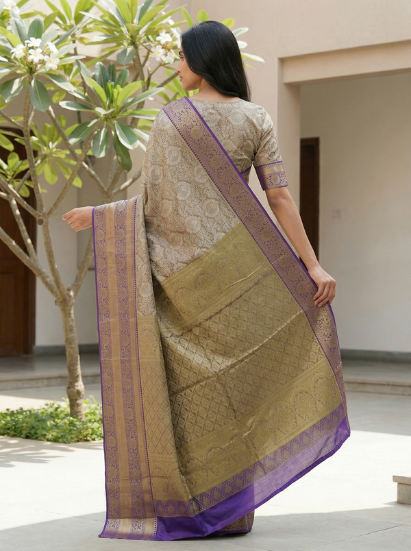 Champagne Gold Kanchipuram Inspired Semi Silk Saree with Wide Wide Contrast Border