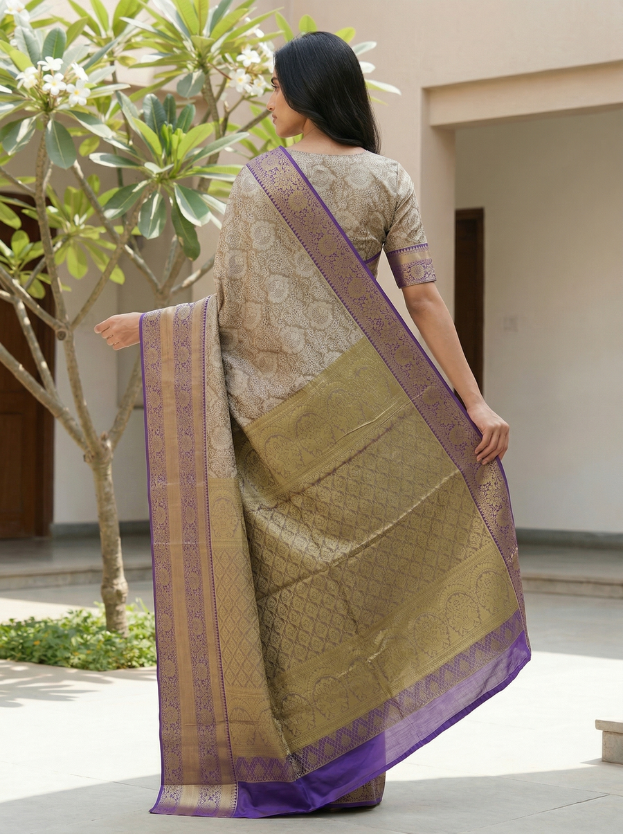 Champagne Gold Kanchipuram Inspired Semi Silk Saree with Wide Wide Contrast Border