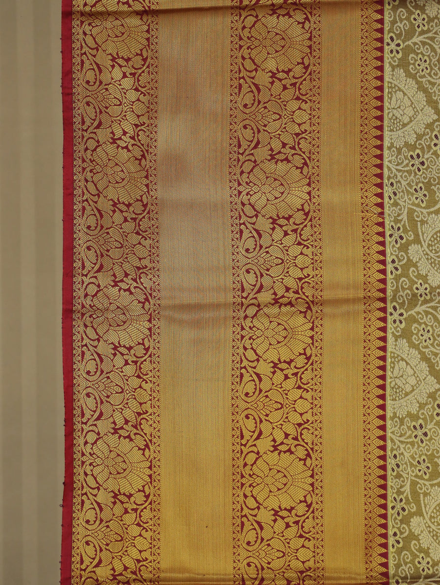 Olive Gold Kanchipuram Inspired Semi Silk Saree with Wide Wide Contrast Border