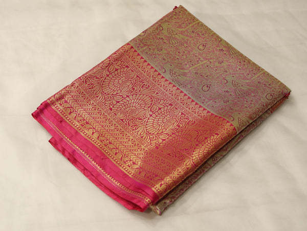 Champagne Gold Kanchipuram Inspired Semi Silk Saree with Narrow Narrow Contrast Border