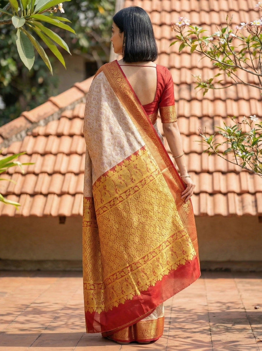 Champagne Gold Kanchipuram Inspired Semi Silk Saree with Medium Medium Contrast Border