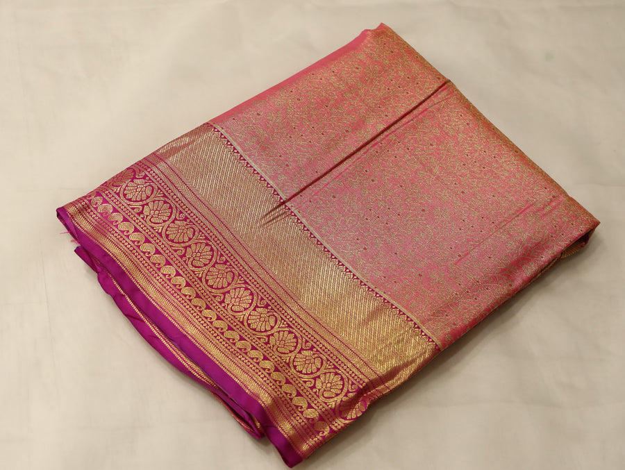 Coral Peach Kanchipuram Inspired Semi Silk Saree with Wide Wide Contrast Border