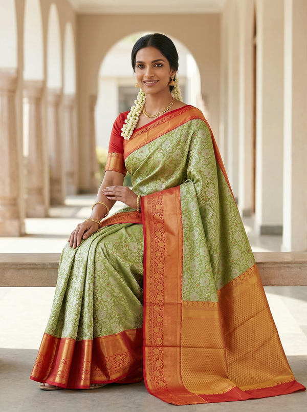 Sage Green Kanchipuram Inspired Semi Silk Saree with Wide Wide Contrast Border