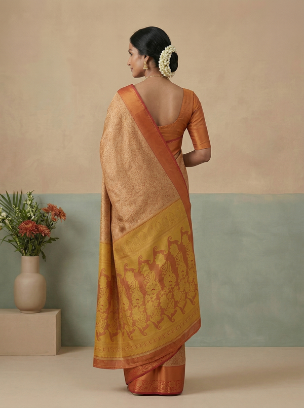 Sunset Orange Dharmavaram Inspired Semi Silk Saree with Wide Wide Contrast Border