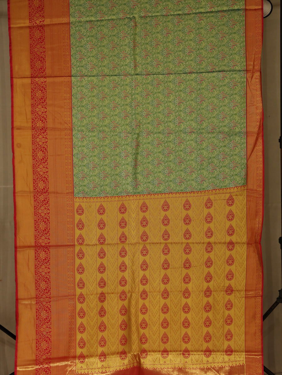 Olive Green Dharmavaram Inspired Semi Silk Saree with Wide Wide Contrast Border