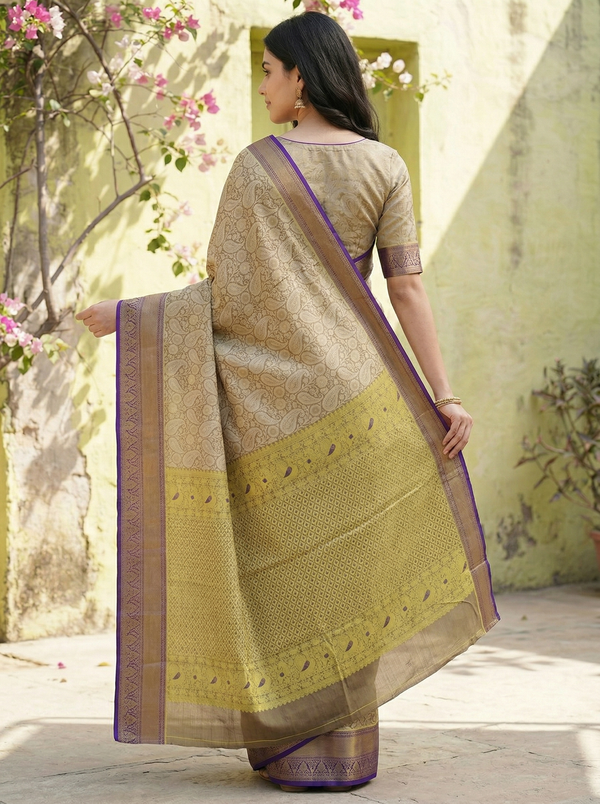Champagne Gold Kanchipuram Inspired Semi Silk Saree with Medium Medium Contrast Border