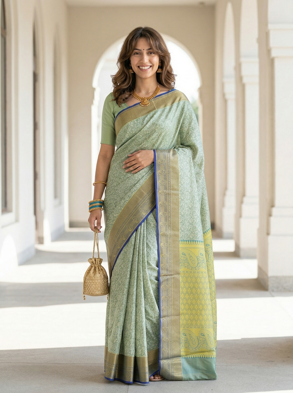 Sage Green Uppada Inspired Semi Silk Saree with Medium Medium Contrast Border