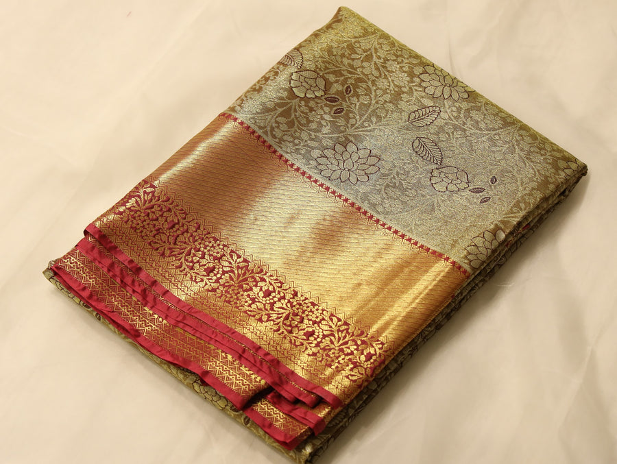 Champagne Gold Dharmavaram Inspired Semi Silk Saree with Wide Wide Contrast Border