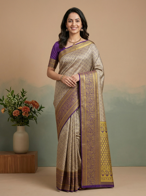 Champagne Gold Dharmavaram Inspired Semi Silk Saree with Wide Wide Contrast Border
