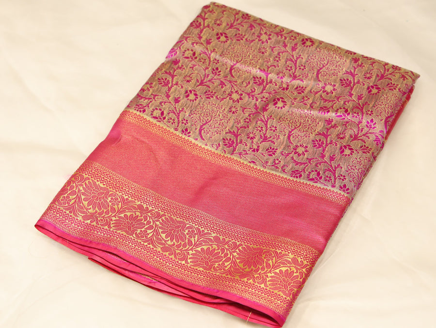 Saffron Gold Dharmavaram Inspired Semi Silk Saree with Wide Wide Contrast Border