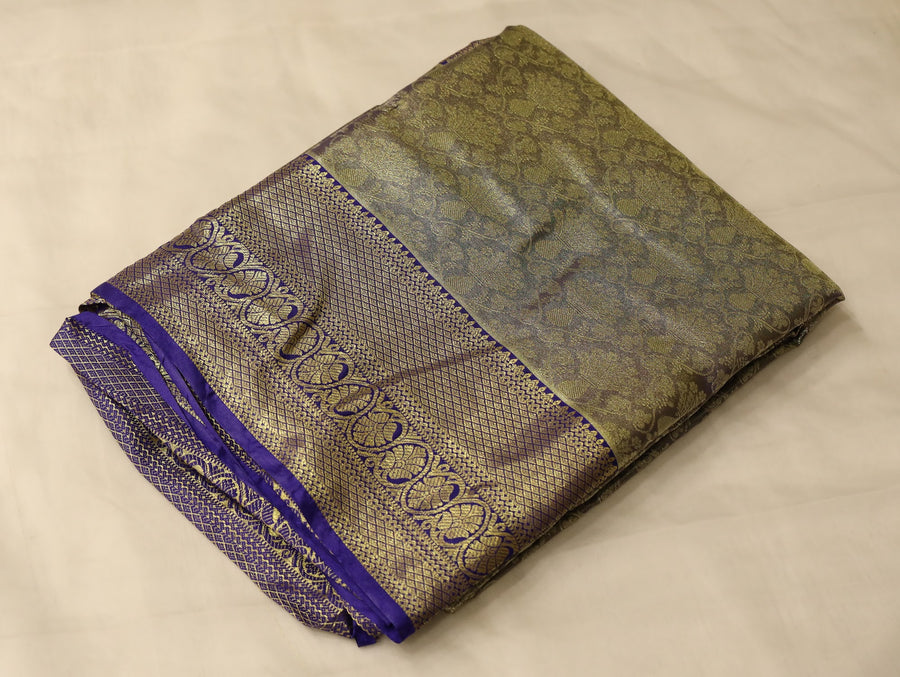 Olive Green Kanchipuram Inspired Semi Silk Saree with Wide Wide Contrast Border