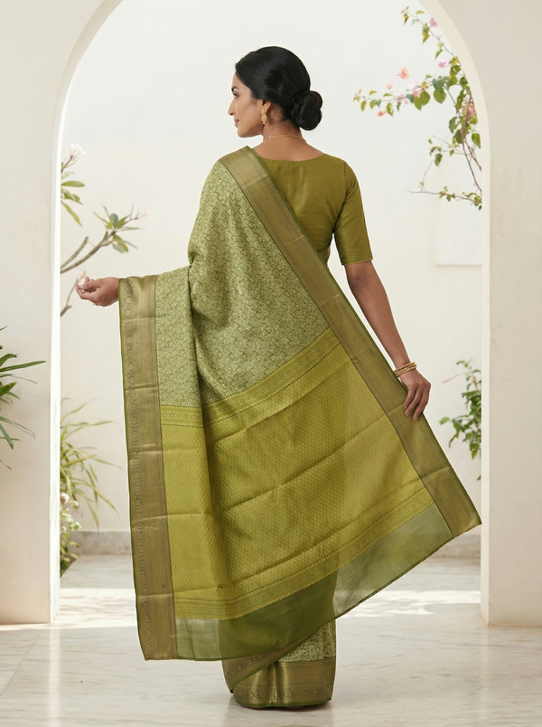 Olive Green Kanchipuram Inspired Semi Silk Saree with Medium Medium Self Border