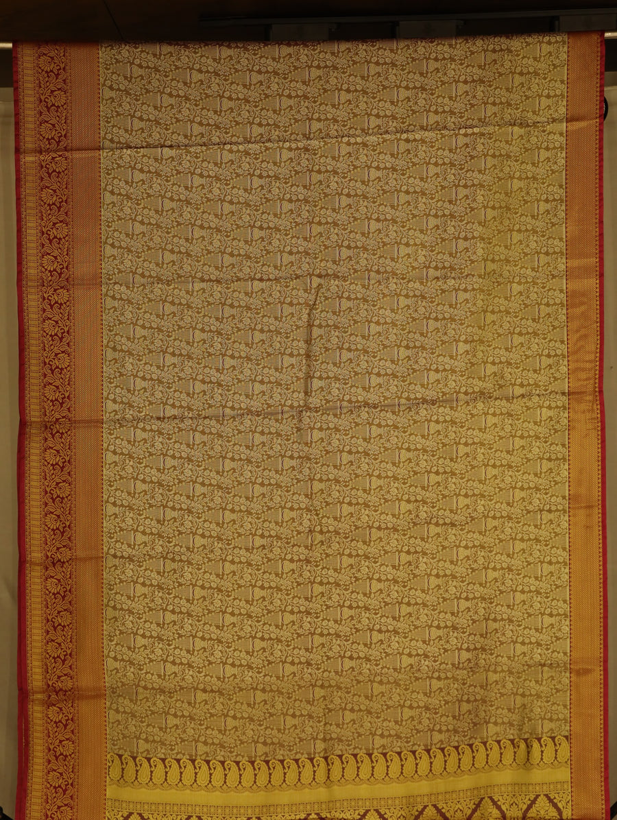 Champagne Gold Kanchipuram Inspired Semi Silk Saree with Wide Wide Contrast Border