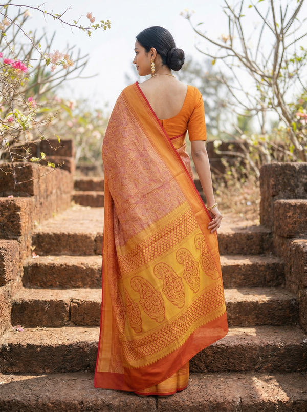 Sunset Orange Dharmavaram Inspired Semi Silk Saree with Medium Medium Contrast Border