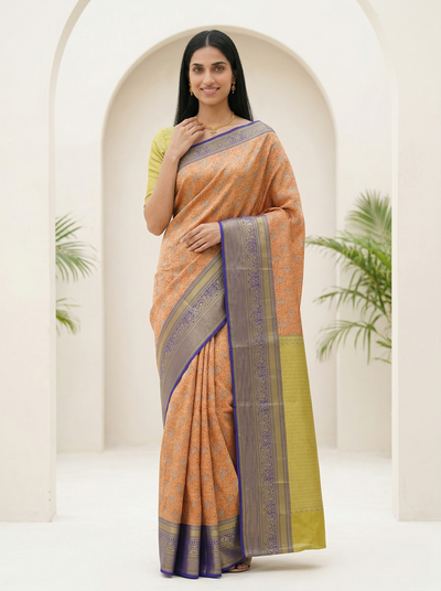 Sunset Orange Kanchipuram Inspired Semi Silk Saree with Wide Wide Contrast Border