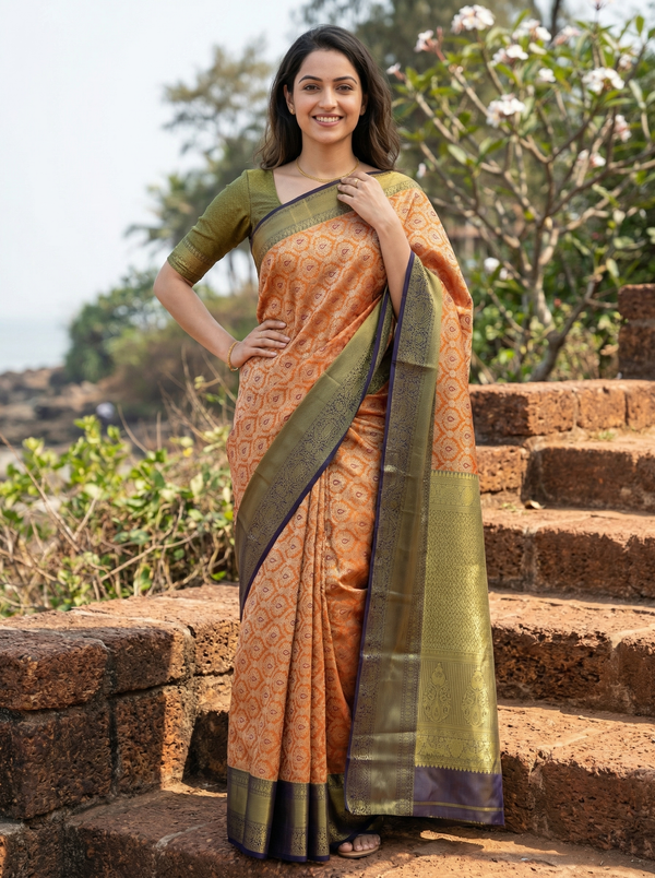 Antique Gold Dharmavaram Inspired Semi Silk Saree with Medium Medium Contrast Border