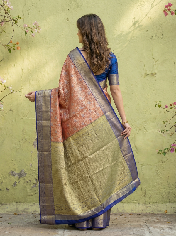 Burnt Orange Kanchipuram Inspired Semi Silk Saree with Wide Wide Contrast Border