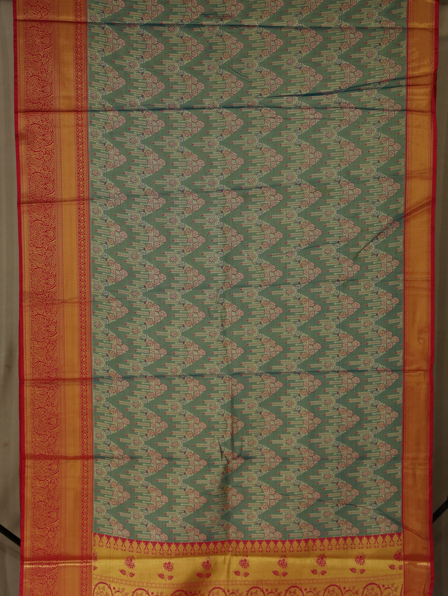 Sage Green Kanchipuram Inspired Semi Silk Saree with Wide Wide Contrast Border