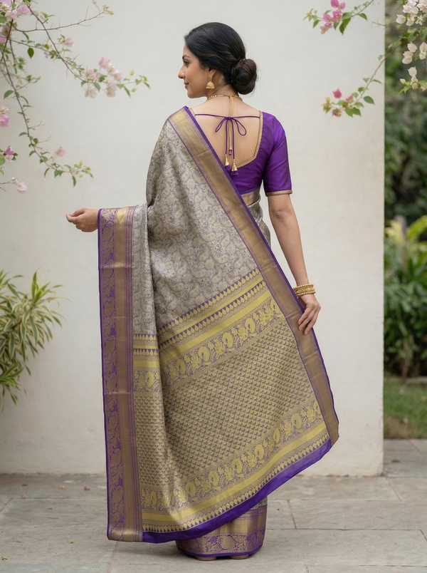 Champagne Gold Kanchipuram Inspired Semi Silk Saree with Medium Medium Contrast Border
