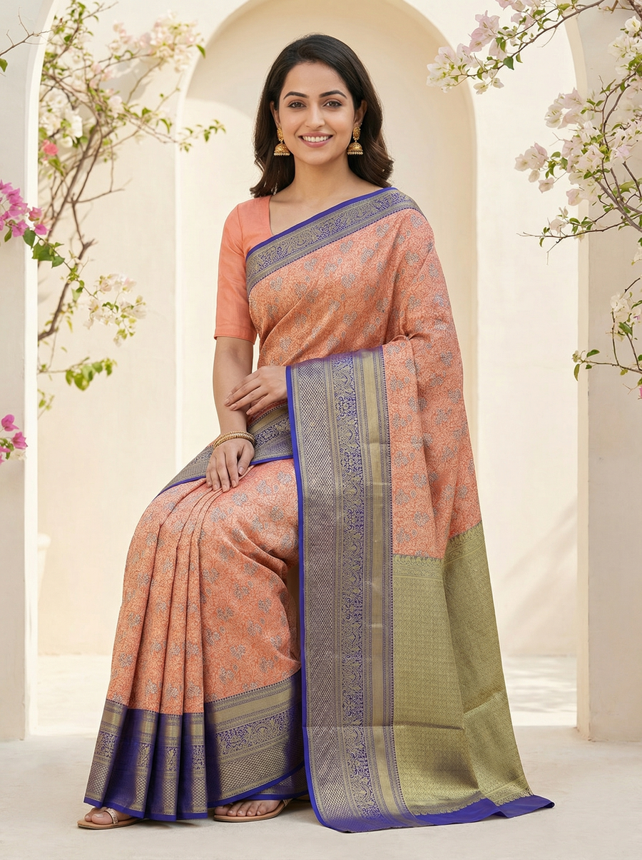 Dusty Coral Dharmavaram Inspired Semi Silk Saree with Medium Medium Contrast Border